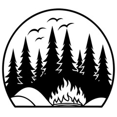 Obraz premium Blazing Sunset Over Forest vector silhouette black design white background
