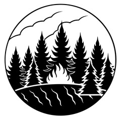 Blazing Sunset Over Forest vector silhouette black design white background