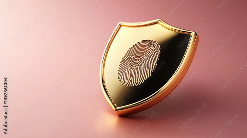 Poster golden shield with fingerprint design represents security and protection concepts
