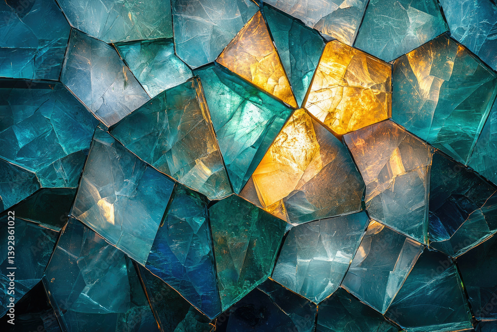 Poster abstract mosaic of irregularly shaped glass pieces, illuminated with blue and golden light creating 