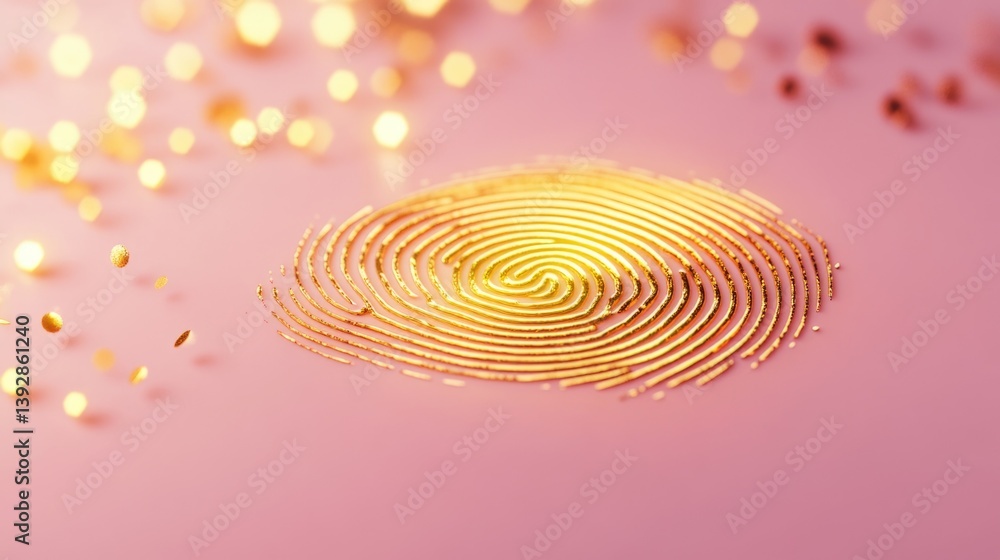 Poster golden fingerprint lines on pink background with bokeh. concept of digital identity, biometric authe