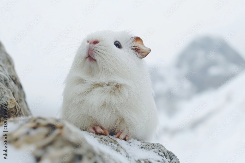 Aufkleber Fluffy guinea pig looking upwards with curious expression in a minimalistic white background setting