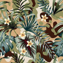 Tropical vintage palm leaves, flower seamless pattern camouflage background. Exotic floral wallpaper.	