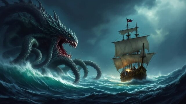 Dark Ocean Kraken Attacks Sailing Ship at Night
