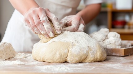Kneading dough, flour dusted hands shaping a bread loaf
