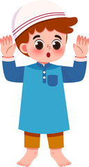 Adorable Cartoon Boy in Traditional Clothing with Hands Raised in Prayer Shalat for Muslim Kid