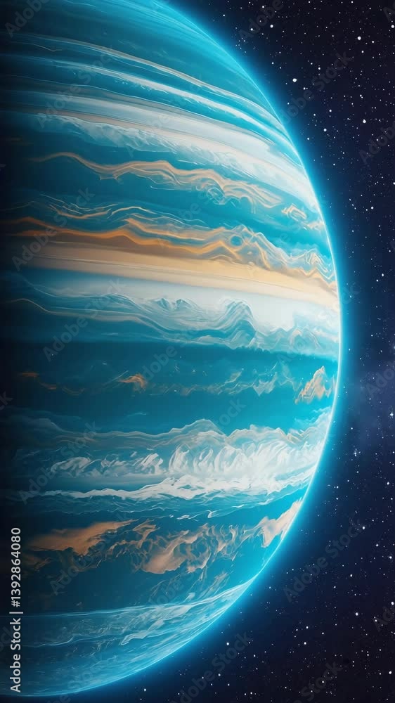 Poster beautiful colorful gas giant planet with swirling atmosphere and glowing light in deep outer space w