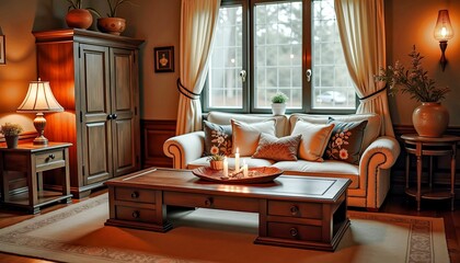 Fototapeta premium Cozy Traditional Living Room Interior with Wooden Furniture and Large Windows