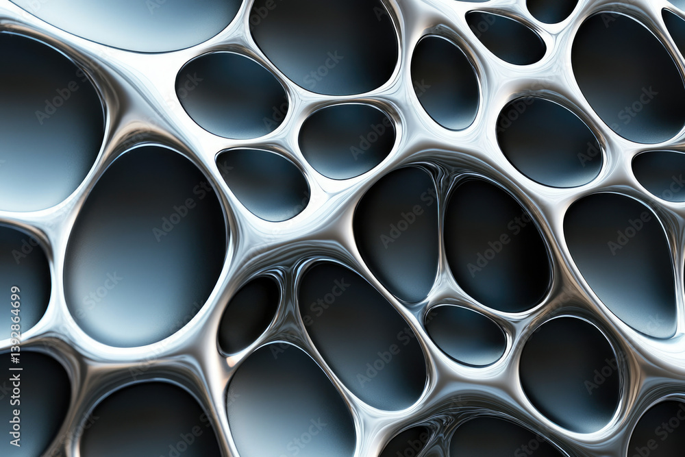 Poster a futuristic and organic silver-chrome lattice structure with smoothly flowing, rounded openings aga