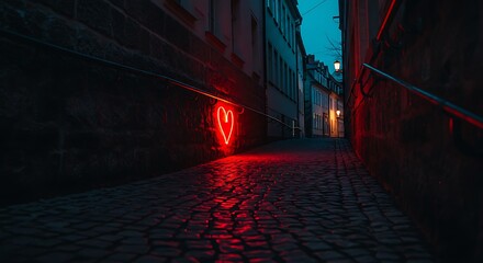 Heart Shape Neon Sign Shining on Dark Cobblestone Street at Night
