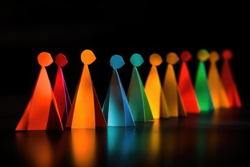 A group of colorful paper people standing in line on a black background, high-resolution photography