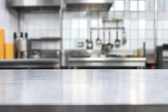 Empty stainless steel table in a professional kitchen with blurred equipment in the background
