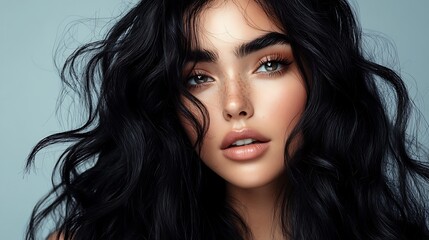 Naklejka premium close view of woman with shiny long black hair and beautiful makeup showcasing confidence and feminine elegance in fashion and beauty shoot