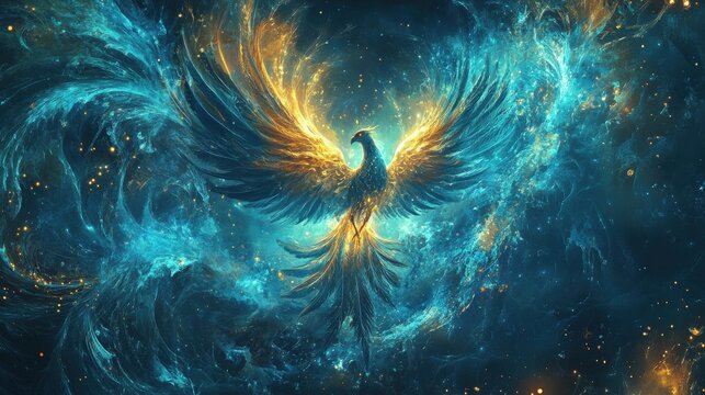 A mystical artwork of a phoenix with glowing feathers surrounded by dynamic spiritual patterns