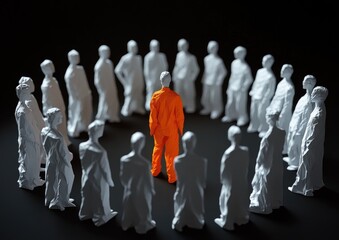 A group of white paper people standing in a circle around one person wearing an orange hooded robe, vector illustration, black background.