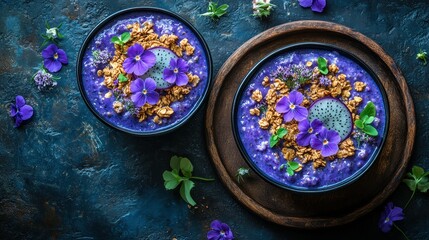 Purple smoothie bowls, garnished with dragon fruit and flowers