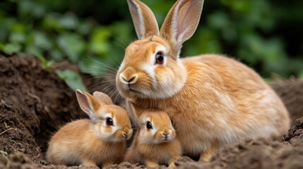 Fototapeta premium Rabbit Burrow Safety Concept, Mother Rabbit Guiding Her Tiny Kits into a Cozy Nest Surrounded by Soft Earth and Greenery