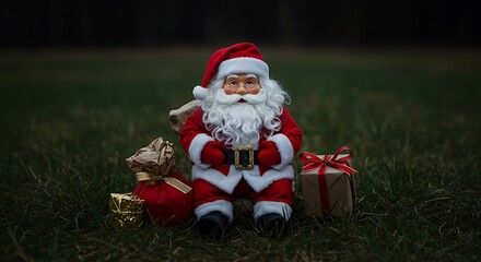 Obraz premium Santa Claus Doll with Gifts Sitting on Green Grass Outdoors