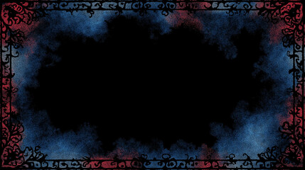 gothic halloween border, ornate black ironwork design along edges, subtle fog creeping in from sides, empty dark center