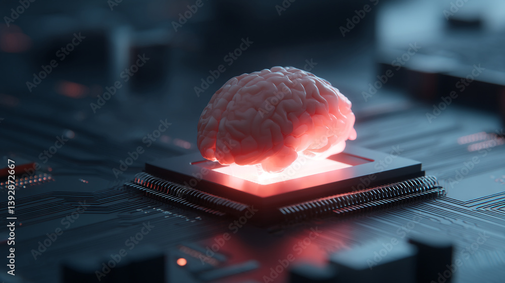 Poster human brain on a computer chip with glowing red light suggesting artificial intelligence and technol
