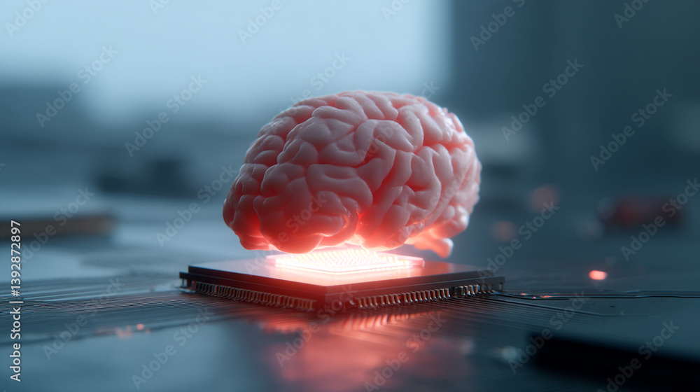 Poster a brain resting on a microchip with a soft glow emanating from beneath on a blurred background