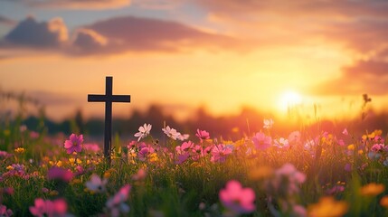 Christian cross flowers field sunset background easter sunrise religion faith hope love jesus christ god