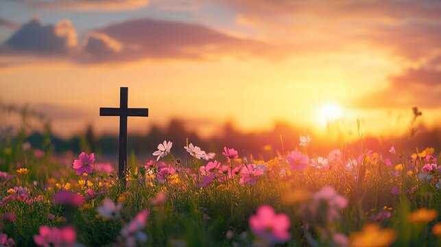 Christian cross flowers field sunset background easter sunrise religion faith hope love jesus christ god