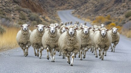 Fototapeta premium A flock of sheep running down a rural road.