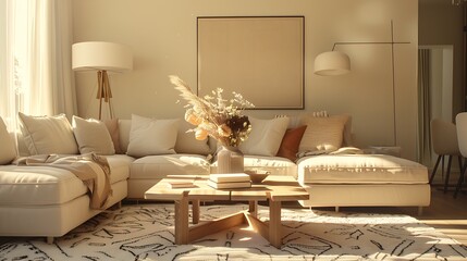 Beautiful Apartment, Sofa, Chair, Dining Table wall Mockup Interior design of modern living room