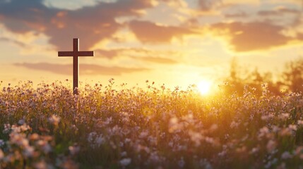 Christian cross at sunset in field of flowers religious faith hope easter background wallpaper hd image