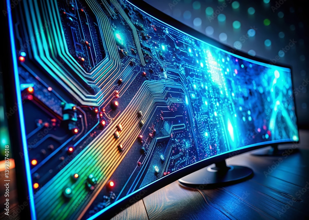 Poster intricate night office workflow a macro view of a curved monitor displaying data flow illuminating m