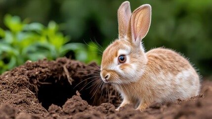 Fototapeta premium Rabbit Burrow Safety Concept, A Rabbit Cautiously Stepping Out of Its Burrow Surrounded by Lush Greenery in a Serene Natural Setting