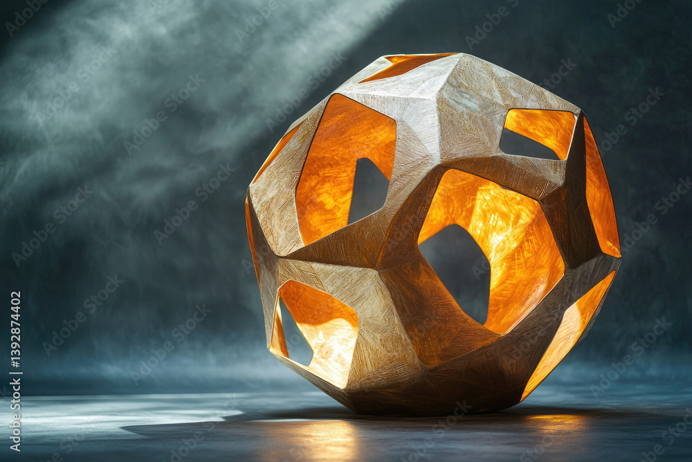 Poster a geometric, hollow sphere, illuminated from within with a warm, golden light, resting on a reflecti