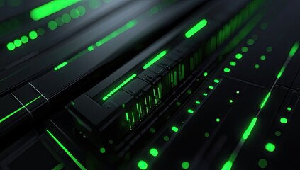 Futuristic, technological, dark, sleek, glowing panels