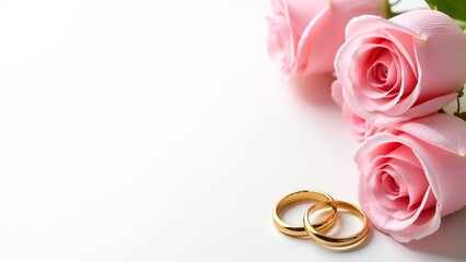 Pair of wedding rings with pink roses on a white background. Wedding photo background with space for text on the side.