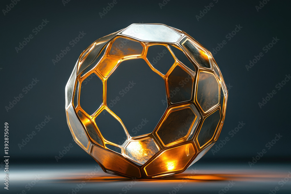 Aufkleber geometric metal sphere with honeycomb structure and golden illumination, displayed against a dark ba