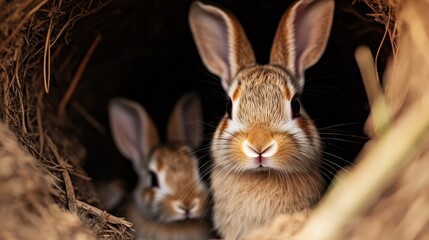 Obraz premium Rabbit Burrow Safety Concept, Two Cute Rabbits Peeking Out from Their Cozy Burrow with Long Ears and Tiny Noses