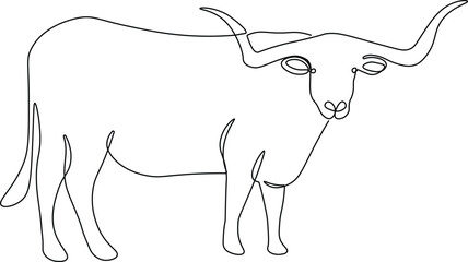 Long horn cattle in continuous line art drawing style. Minimalist black linear sketch isolated on white background. Animal vector illustration