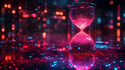 Futuristic hourglass floating in a virtual reality grid