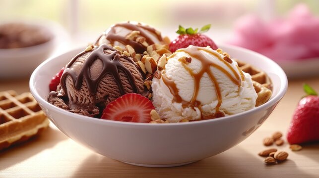 Delicious ice cream sundae with waffle (1)