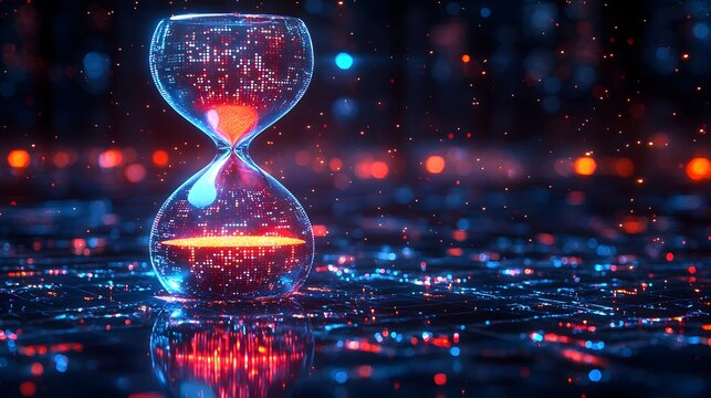 A futuristic hourglass in a virtual reality grid with glowing pixels flowing like time