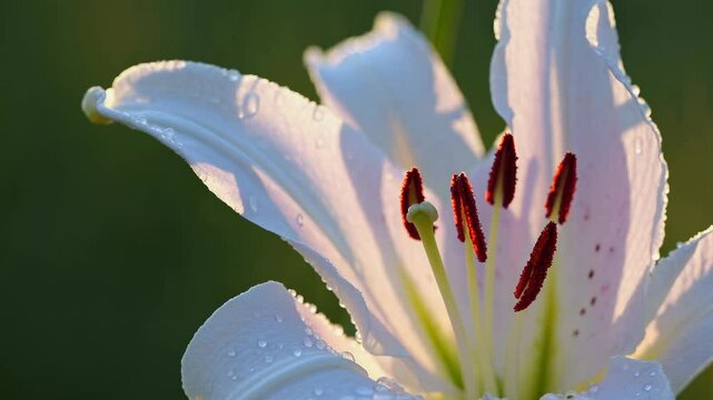 Close-up video of a white lily with dew drops, captured at a low angle, highlighting its delicate petals and vibrant stamens against a blurred background.