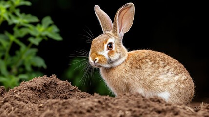 Fototapeta premium Rabbit Burrow Safety Concept, Rabbit Standing at the Entrance of Its Burrow with Alert Ears in a Natural Environment