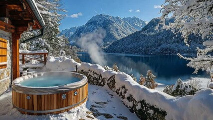 Lakeside hot tub in winter wonderland, snow-covered mountains, and serene lake.  Possible use stock photo for travel, winter, relaxation, or spa advertising