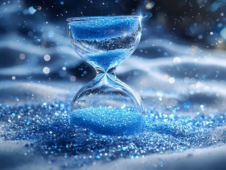 An icy hourglass glimmering in soft blue light