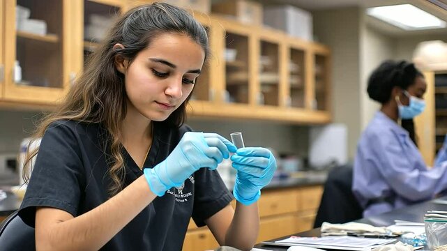 A pre-med student dissecting a frog in a lab session