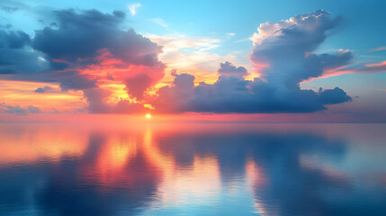 Fototapeta premium Vibrant Sunset Over Calm Ocean With Colorful Clouds Reflection