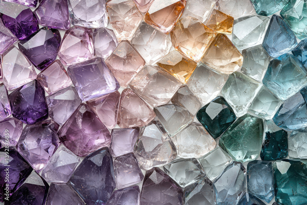 Poster A dazzling array of colorful gemstones, faceted and arranged close together, creates a vibrant and shimmering mosaic.