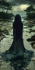 A woman in a long dress stands in a swamp