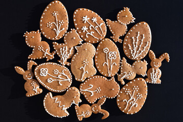 Romantic decorated Easter gingerbread cookies of various shapes